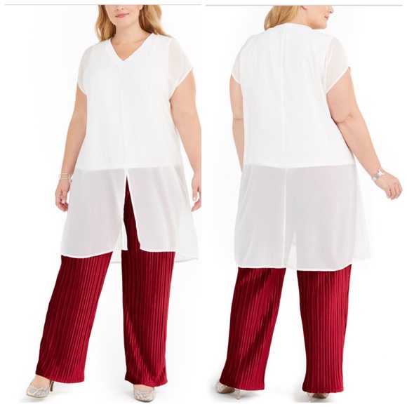 Alfani Tops - 1X 3X Alfani Ivory Split Front Sheer Overlay Top Plus Size